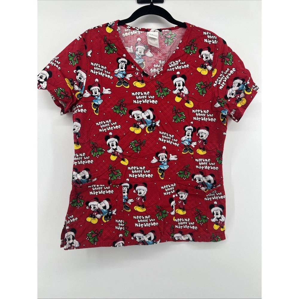 Disney Size S Mickey & Minnie Meet Me Under the Mistletoe Scrub Top Christmas